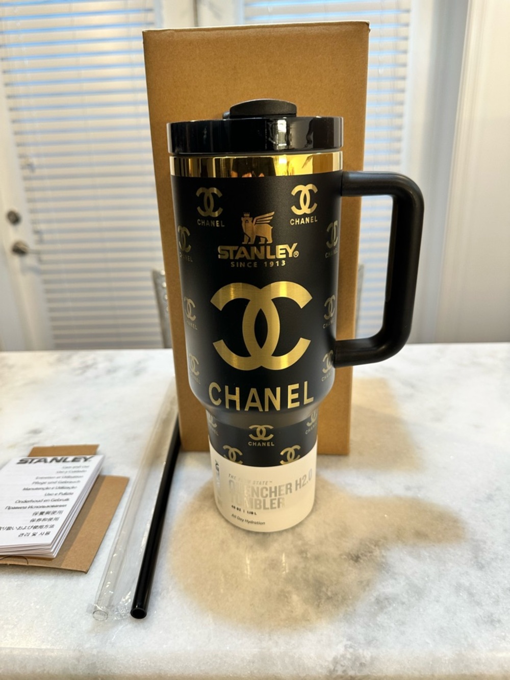 Stanley Chanel Unique Collaboration 40oz Black & Gold Tumbler with Box